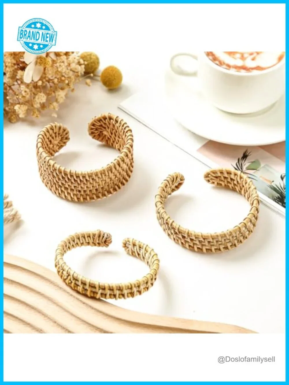 Handwoven Rattan Cuff Bracelet Set Bohemian Chunky Wrap Bangle Summer Ethnic